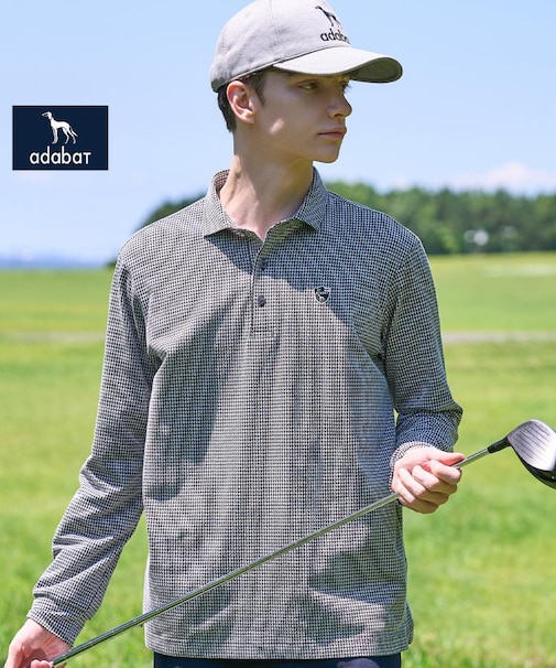 【ADABAT NAVY】トゥースチェックジャカード長袖ポロシャツ