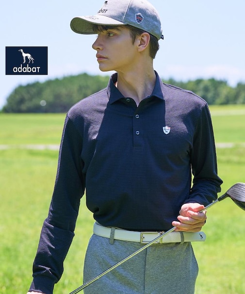 【ADABAT NAVY】トゥースチェックジャカード長袖ポロシャツ