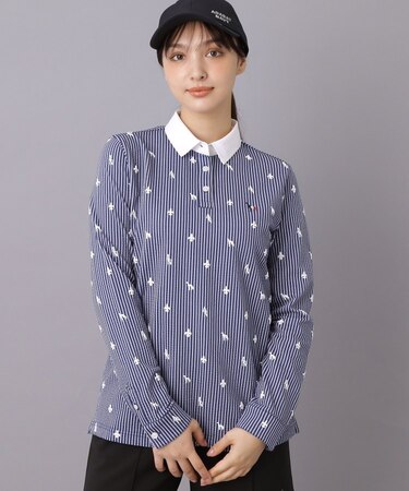 【ADABAT NAVY】モノグラムサッカー長袖ポロシャツ