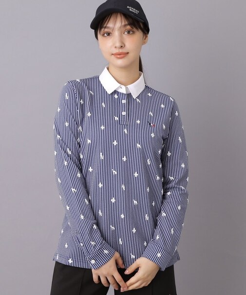 【ADABAT NAVY】モノグラムサッカー長袖ポロシャツ
