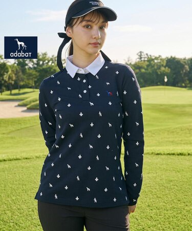 【ADABAT NAVY】モノグラムサッカー長袖ポロシャツ
