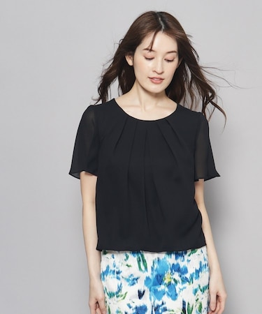 【洗える／日本製】フロントタック半袖デザインブラウス