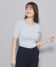 【洗える／日本製／ハートネック】5分袖ラメ入りニットトップス
