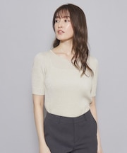 【洗える／日本製／ハートネック】5分袖ラメ入りニットトップス