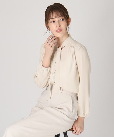【洗える／日本製】女性らしい細ボウタイブラウス