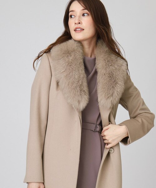 日本製／フォックスファー／カシミヤ混】ファー付ウールコート｜クード