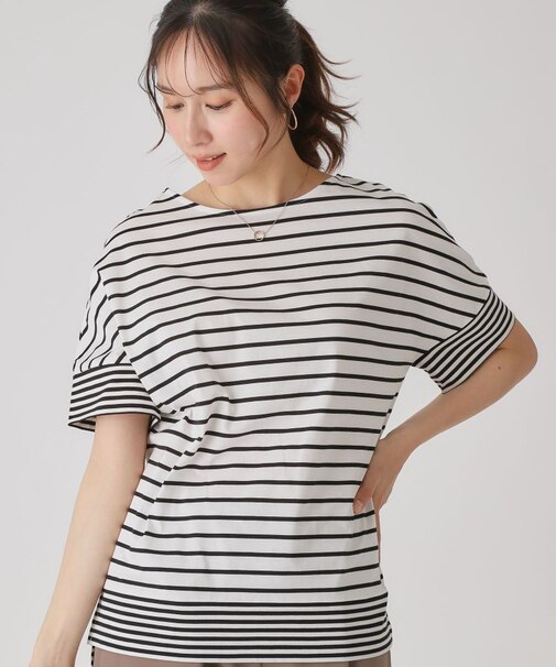 【洗える/日本製】ボーダー切替デザイントップス