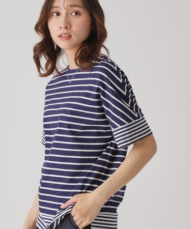 【洗える/日本製】ボーダー切替デザイントップス