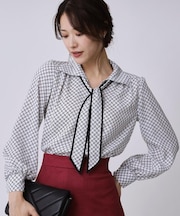 【手洗い可/ボウタイ取外し可】配色パイピングボウブラウス