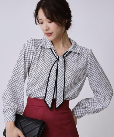 【手洗い可/ボウタイ取外し可】配色パイピングボウブラウス