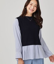 【手洗い可】重ね着風ニットトップス