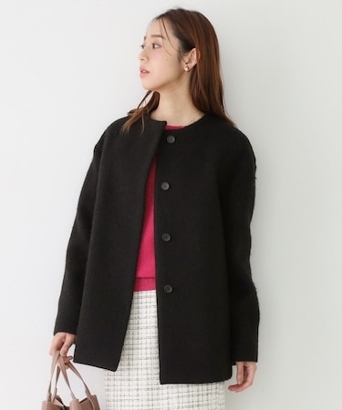 【日本製/モヘヤ混/ヒップ丈】ノーカラーコート