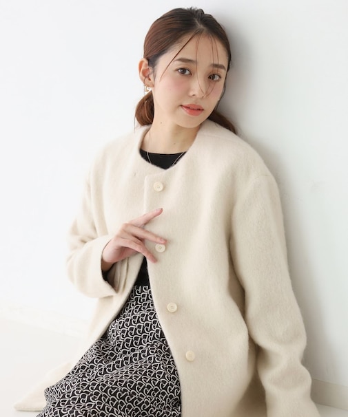 【日本製/モヘヤ混/ヒップ丈】ノーカラーコート