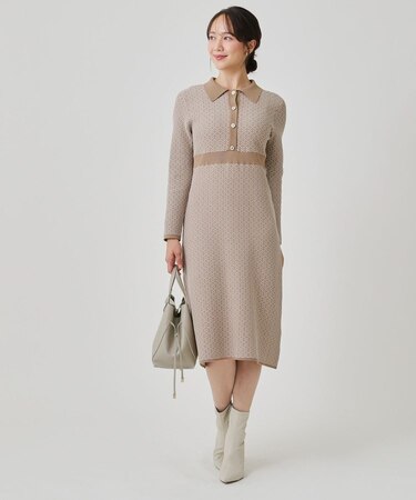 【手洗い可】衿付きニットジャカード編みワンピース