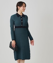 【手洗い可】衿付きニットジャカード編みワンピース