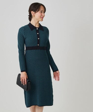 【手洗い可】衿付きニットジャカード編みワンピース