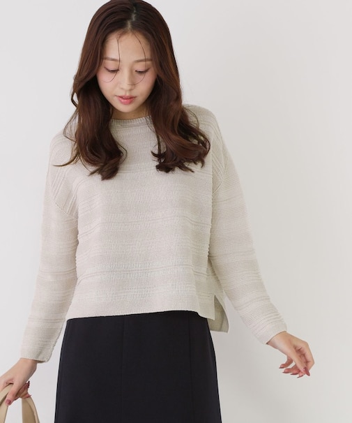 【手洗い可／日本製／無縫製／和紙使用】地柄ボーダーのニットトップス