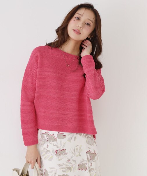 【手洗い可／日本製／無縫製／和紙使用】地柄ボーダーのニットトップス