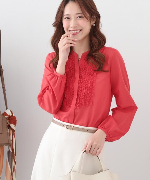 【手洗い可/きれいめ服】シアーローンフリルブラウス