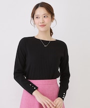【手洗い可／9分袖丈】リブ風ライン ニットトップス