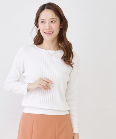 【手洗い可/9分袖丈】リブ風ライン ニットトップス