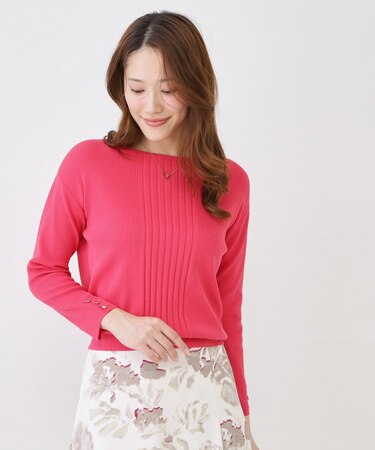 【手洗い可／9分袖丈】リブ風ラインのニットトップス