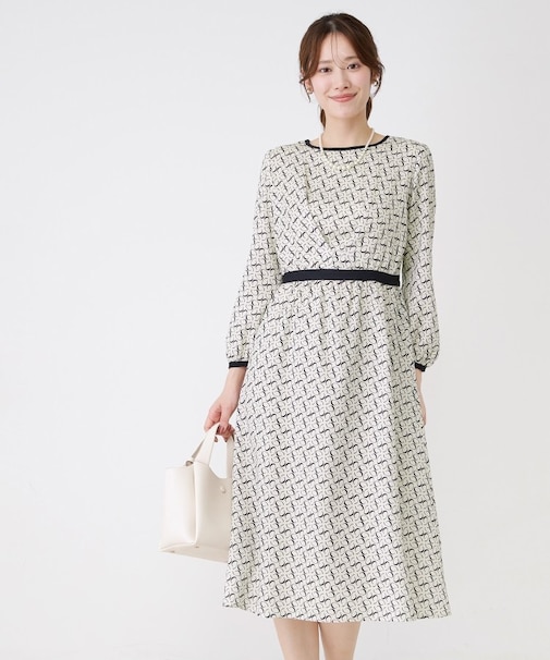 【手洗い可】ニット×幾何柄プリントドッキングワンピース