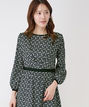 【手洗い可】ニット×幾何柄プリントドッキングワンピース