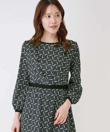 【手洗い可】ニット×幾何柄プリントドッキングワンピース