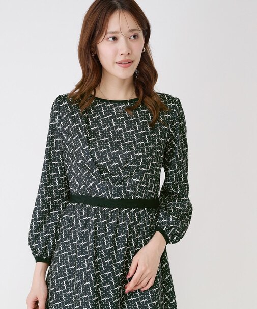 【手洗い可】ニット×幾何柄プリントドッキングワンピース