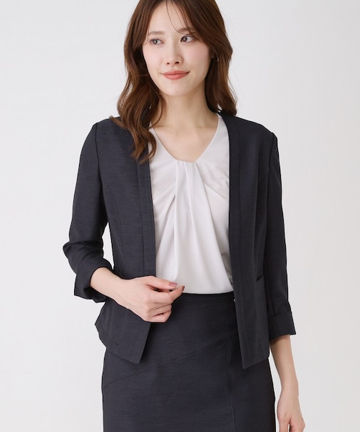 【手洗い可／日本製／接触冷感／スーツ可／ワンピース羽織】麻調合繊ノーカラージャケット