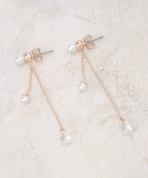 パール調ビジューロングチェーンピアス