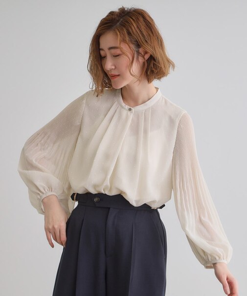 【華やか】プリントアソート袖プリーツブラウス