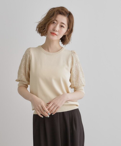 ほんのり透ける抜け感がポイント！袖刺繍5分袖プルオーバー