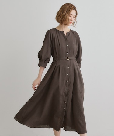 麻調メッシュラグランスリーブワンピース