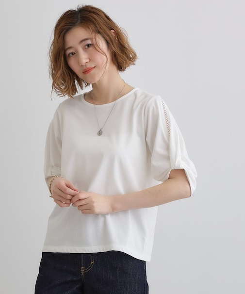 【接触冷感・UVカットetc】レース切替え袖ねじりプルオーバー