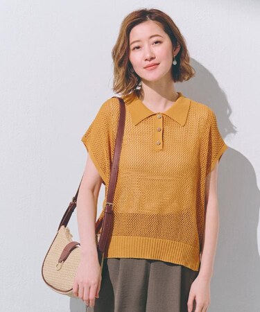 取り入れるだけで旬顔 メッシュ編みポロニット