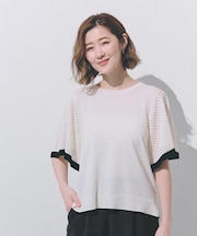 袖透かし編みフレアースリーブニット