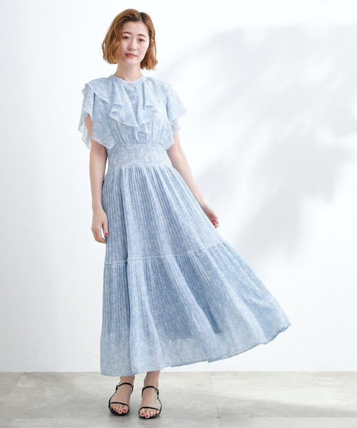 夏の主役シフォンプリントプリーツワンピース