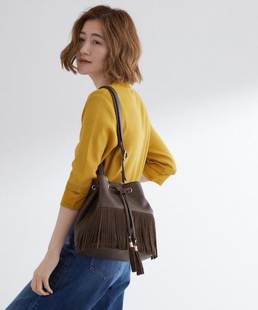スエードフリンジ巾着ショルダーバッグ