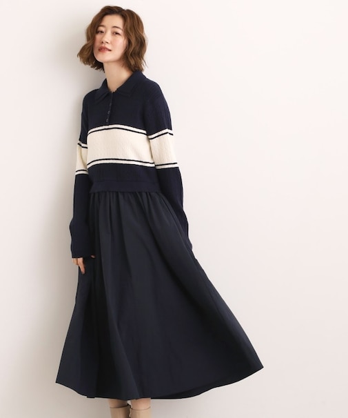 【時短コーデ】ポロニットドッキングワンピース