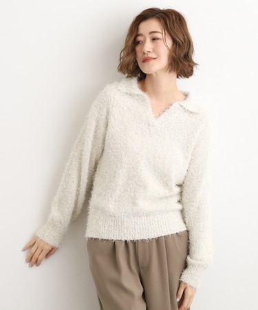 ラメフェザーヤーン オープンカラーニット