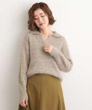 ラメフェザーヤーン オープンカラーニット