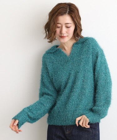 ラメフェザーヤーン オープンカラーニット