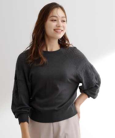 袖レース編みラグランスリーブニット