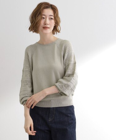 袖レース編みラグランスリーブニット