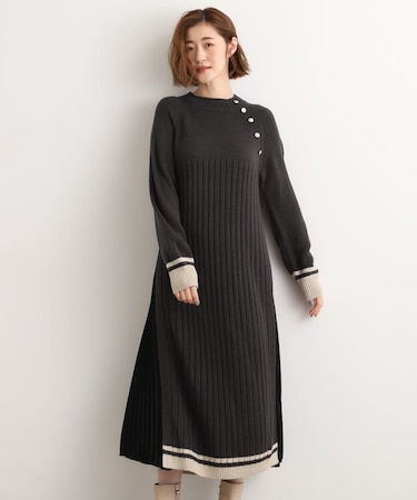 【選べる着丈】配色サイドプリーツニットワンピース