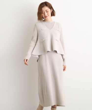 【2点SET/体型カバー】一枚で決まる、ペプラムベスト×ニットワンピース