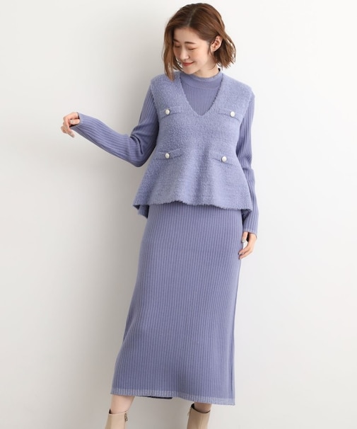 【2点SET/体型カバー】一枚で決まる、ペプラムベスト×ニットワンピース