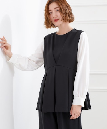 【マシンウォッシュ/防シワ】袖ドッキングペプラムブラウス【着回しカセット】